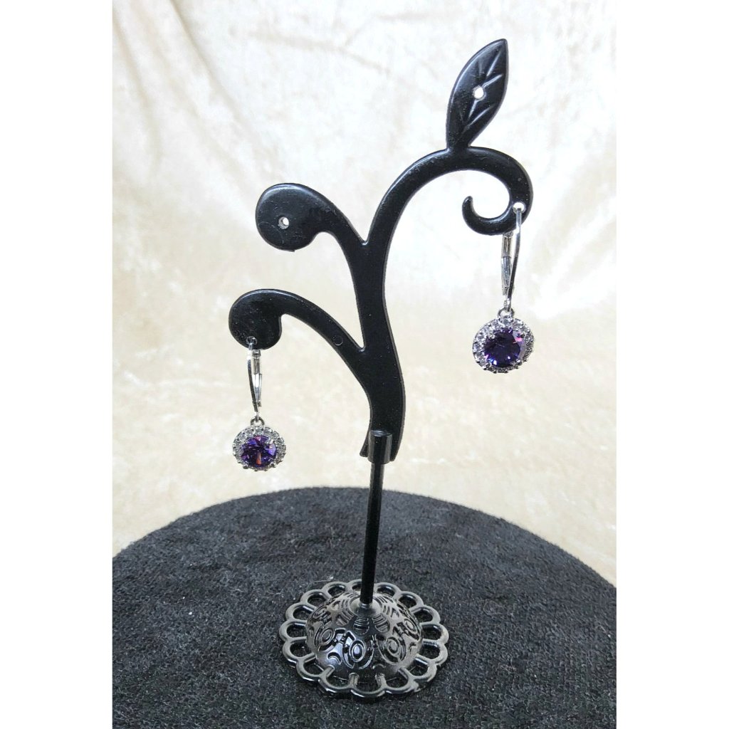 New Womans Halle Joy Stainless Steel Purple Clear Crystals Lever Back Stud Earri